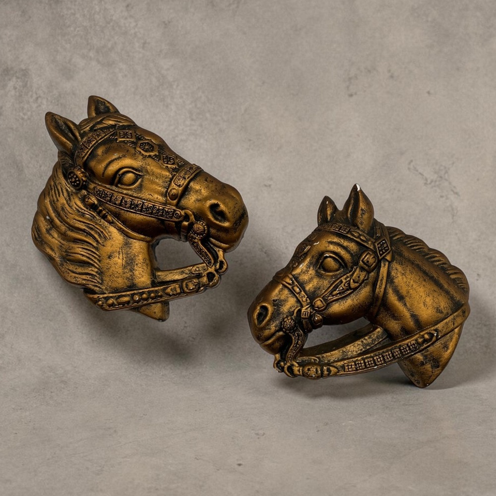 Vintage Mexico Horse Head Wall Plaques Pair Gold Tone Equestrian Decor Set of 2